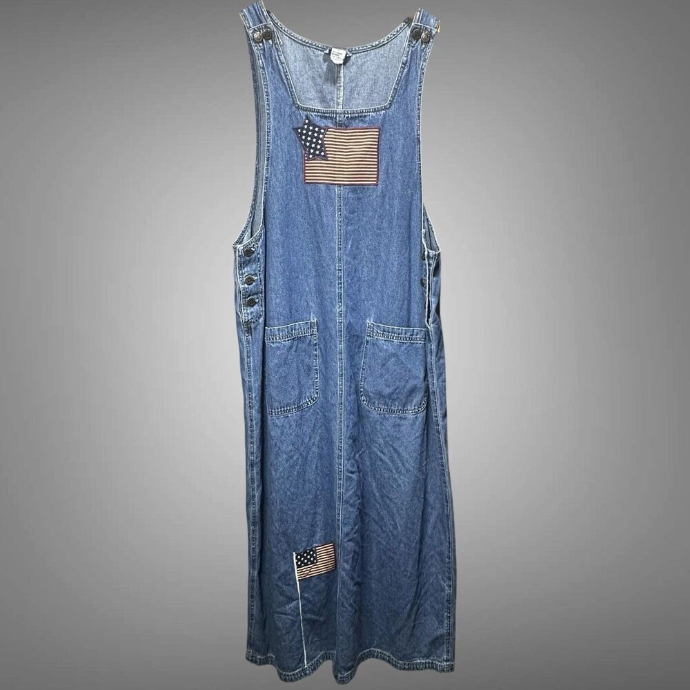 VTG 90s Denim Midi Overall Dress Size XL Embroidered US Flags Patriotic July 4th
